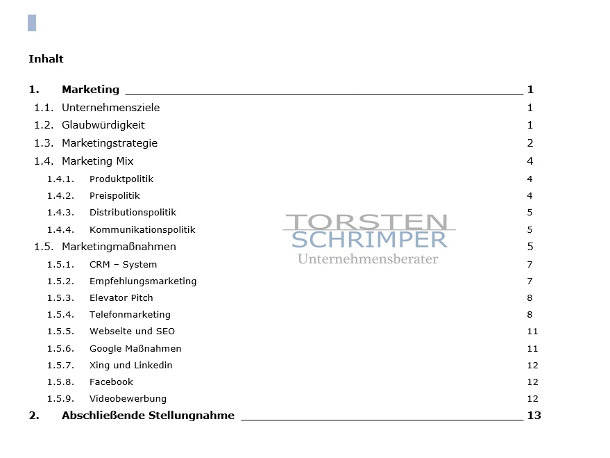 Marketingplan Inhaltsverzeichnis