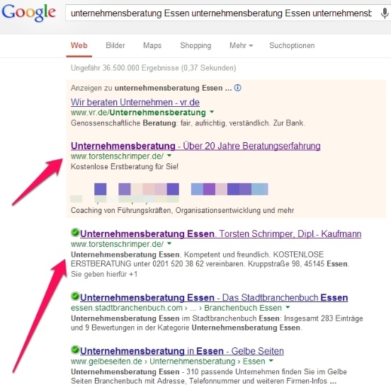 Unternehmensberatung Torsten Schrimper Platz 1 bei Google