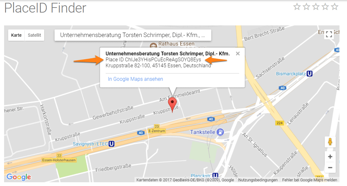 Unternehmensberatung Essen Google PlaceID finden