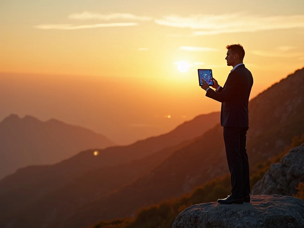 Geschäftsmann blickt mit Tablet in der Hand auf Berglandschaft bei Sonnenuntergang, symbolisiert erfolgreiche Unternehmensplanung und Zukunftsvision