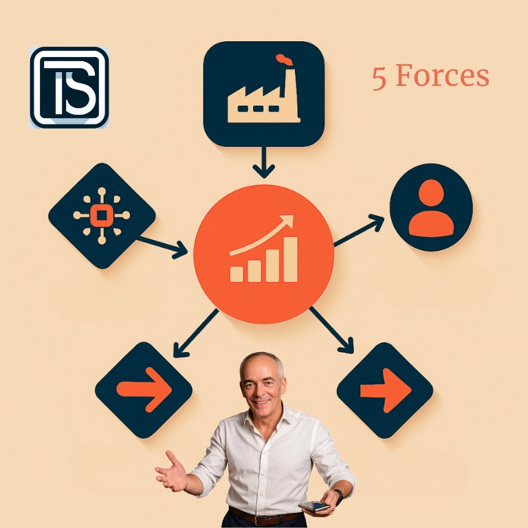 Porter's Five Forces: Die 5 Wettbewerbskräfte - Wettbewerbsintensität, Verhandlungsmacht Kunden, Verhandlungsmacht Lieferanten, Bedrohung durch Ersatzprodukte, Bedrohung durch neue Wettbewerber