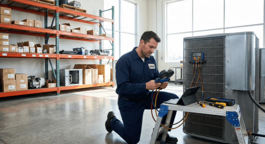 Anlagenmechaniker für SHK bei der Wartung einer modernen Klimaanlage