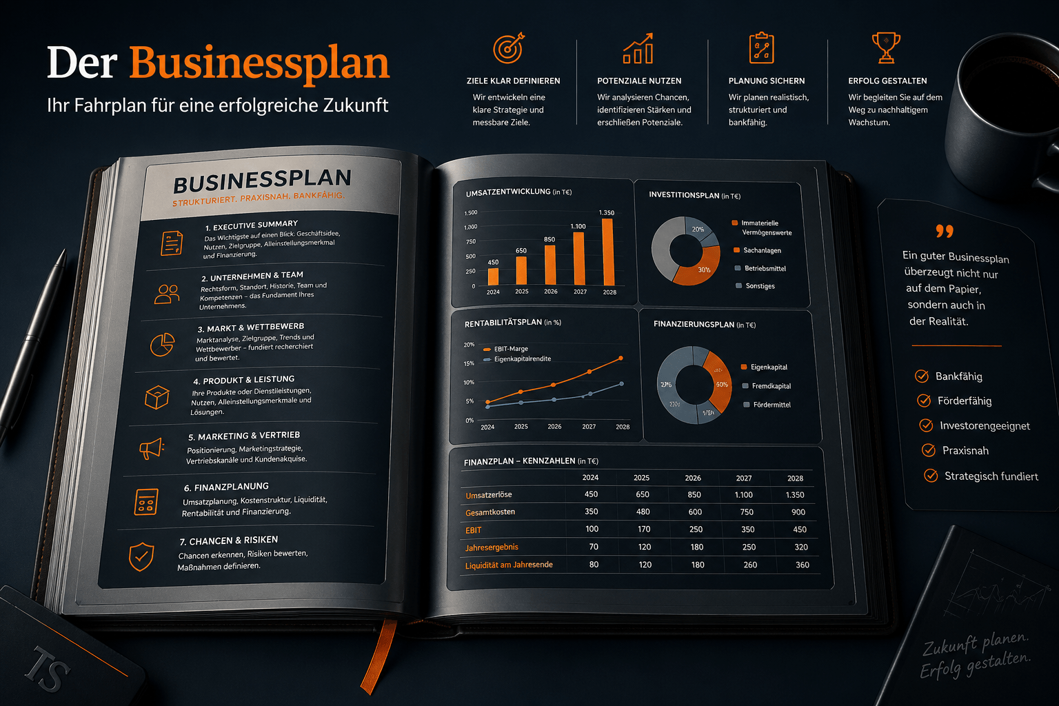 Businessplan mit Strategie, Finanzierung, Rentabilität und Liquiditätsplanung