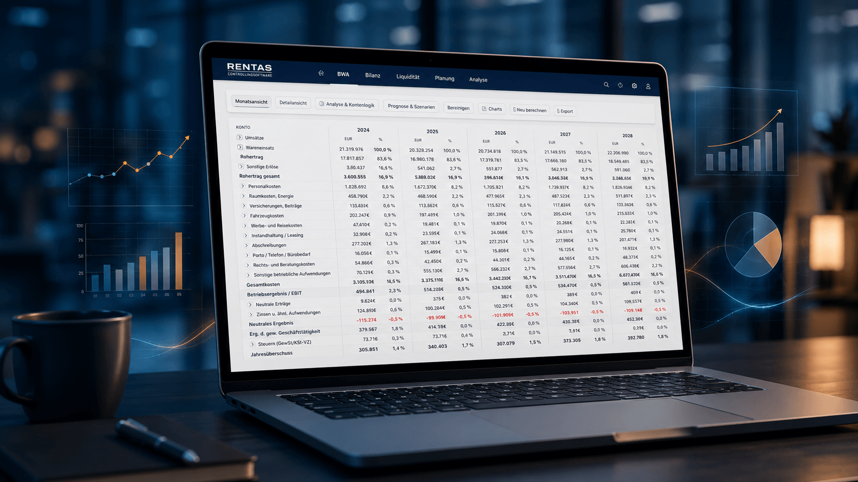 RentaS Controlling-Software: BWA, Bilanz, Liquidität und Planung in einer strukturierten Ansicht
