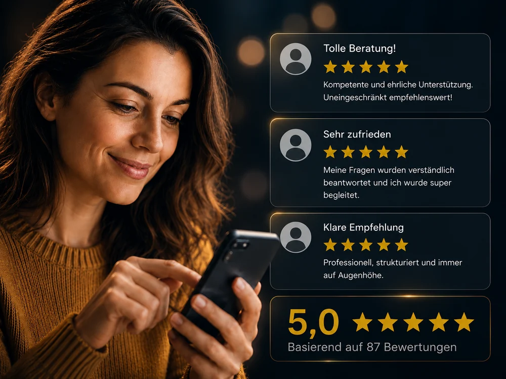 Smartphone zeigt Sterne und Kundenbewertungen im Google Unternehmensprofil eines Unternehmens